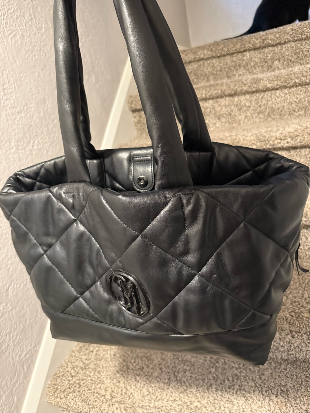 Quilted Black Tote Bag with Logo Accent